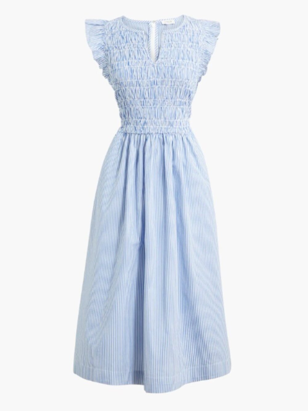 J. Crew Pinstriped Smocked Flutter-Sleeve Midi Dress Nautical Coastal Beachy L